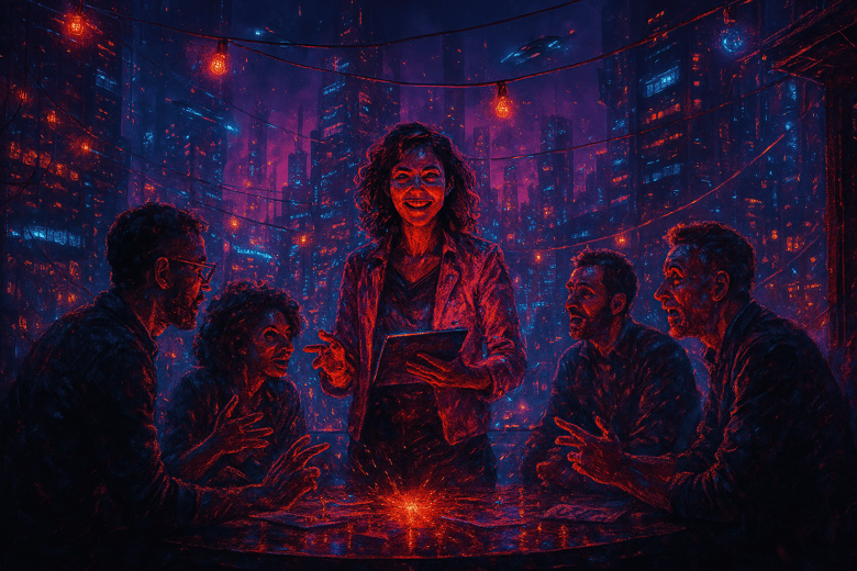 A vibrant modern roof top space with string lights