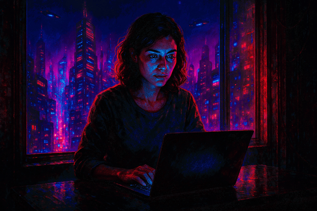 a female business founder sitting at a laptop scre